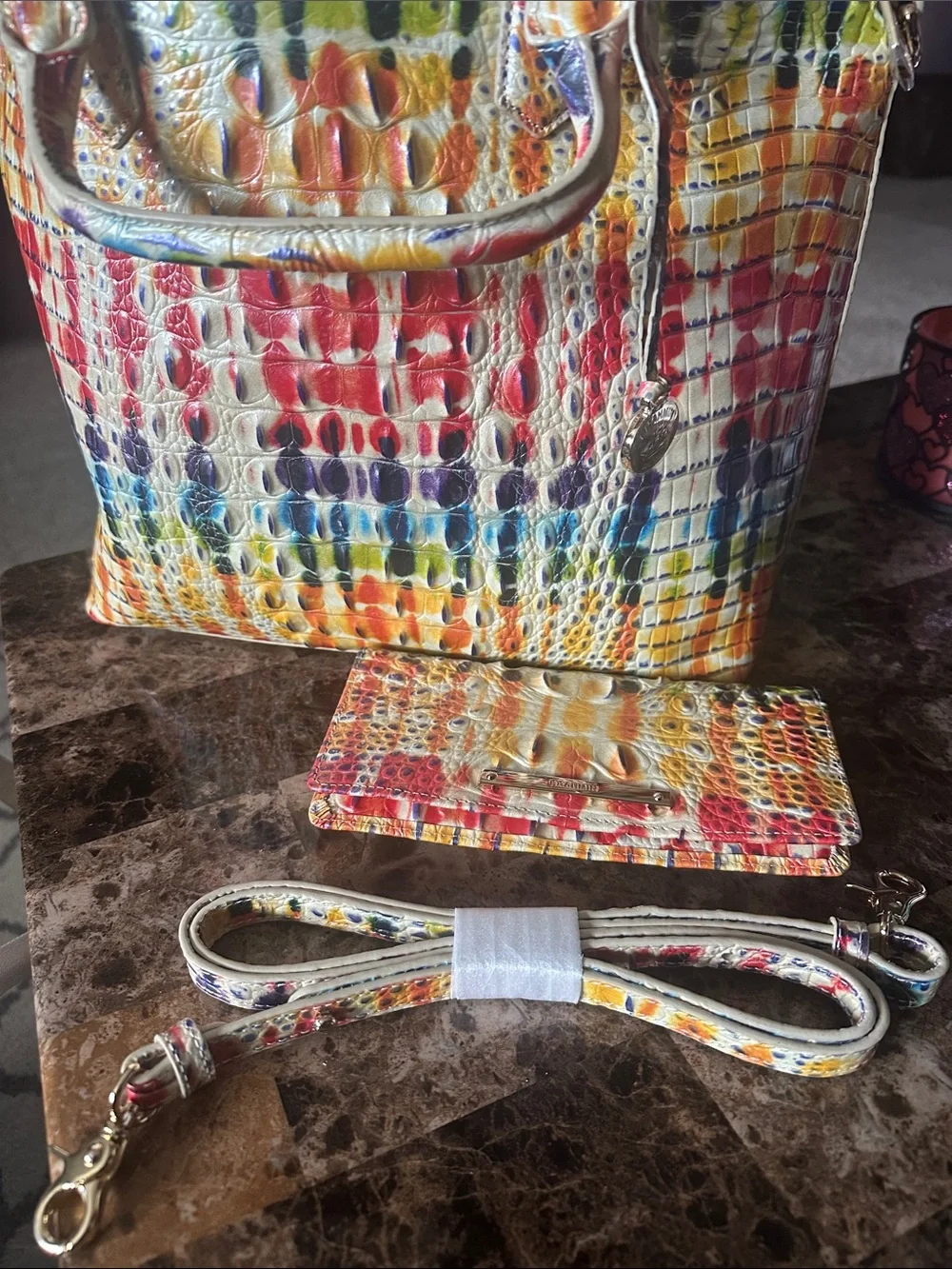 Brahmin Multicolor Croc-Embossed Dome Satchel with Matching Wallet and strap